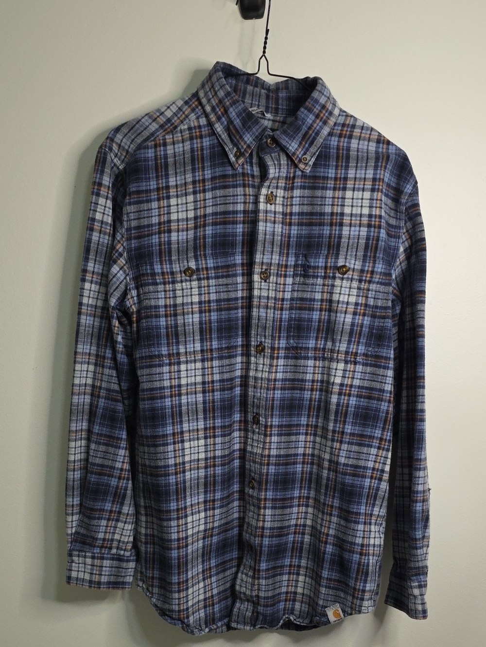 Carhartt Men's Blue and Brown Plaid Button-Down Shirt Relaxed Fit